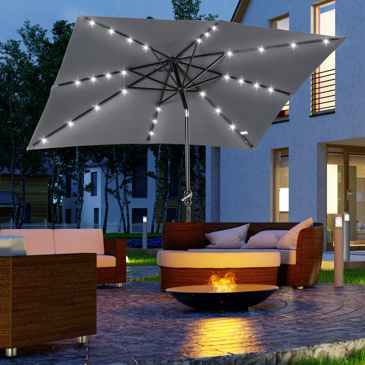 Chapéu de Sol com Luzes LED 268x205x248 cm Chapéu de Sol de Jardim Inclinável até 45° Anti-UV e Abertura a Manivela para Pátio Varanda Cinza Escuro
