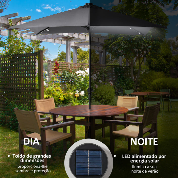 Chapéu de Sol com Luzes LED 268x205x248 cm Chapéu de Sol de Jardim Inclinável até 45° Anti-UV e Abertura a Manivela para Pátio Varanda Cinza Escuro