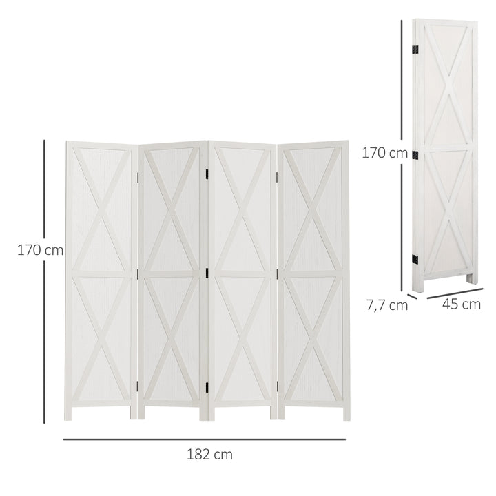 Biombo de 4 Paineis Separador de Ambientes Dobrável 182x170cm Divisória para Espaços de Madeira Decoração Elegante para Dormitório Sala de Estar Branco