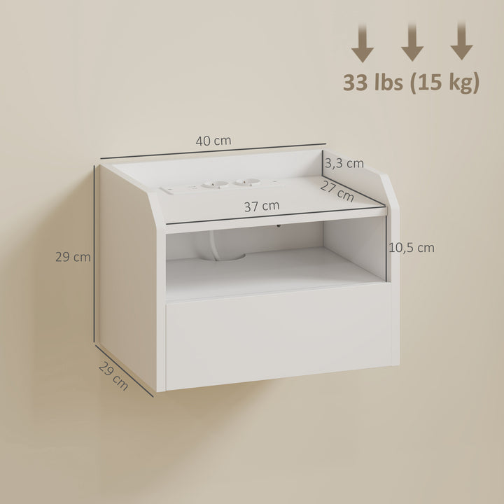 Conjunto de 2 Mesas de Cabeceira Flutuantes com Estação de Carregamento Mesas de Cabeceira para Quarto Gaveta Prateleira Aberta Montagem na Parede Estilo Moderno Sala de Estar 40x29x29 cm Branco