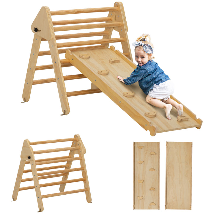 Triângulo de Escalada de Madeira 2 em 1 Escalada para Crianças de 18-48 Meses com Rampa para Deslizar ou Escalar 147x64,5x63 cm Madeira