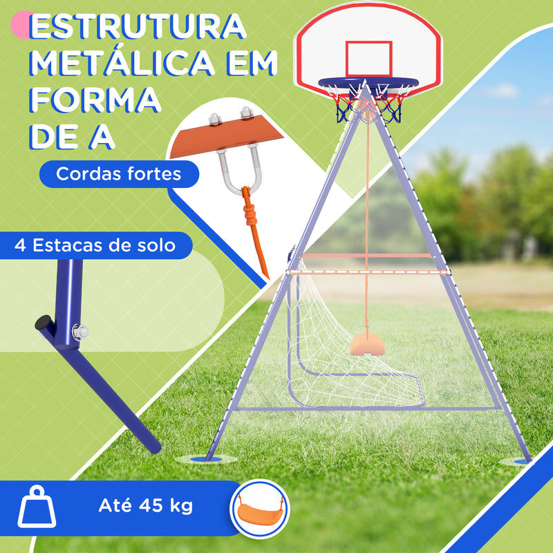 Baloiço Infantil 3 em 1 Baloiço para Crianças de 3-8 Anos com Tabela de Basquetebol e Baliza de Futebol Desmontável e Estrutura de Aço Carga Máxima 45 kg para Exterior Multicor