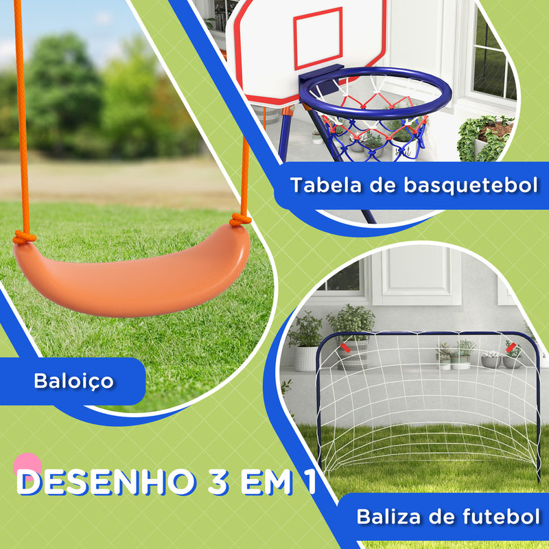 Baloiço Infantil 3 em 1 Baloiço para Crianças de 3-8 Anos com Tabela de Basquetebol e Baliza de Futebol Desmontável e Estrutura de Aço Carga Máxima 45 kg para Exterior Multicor