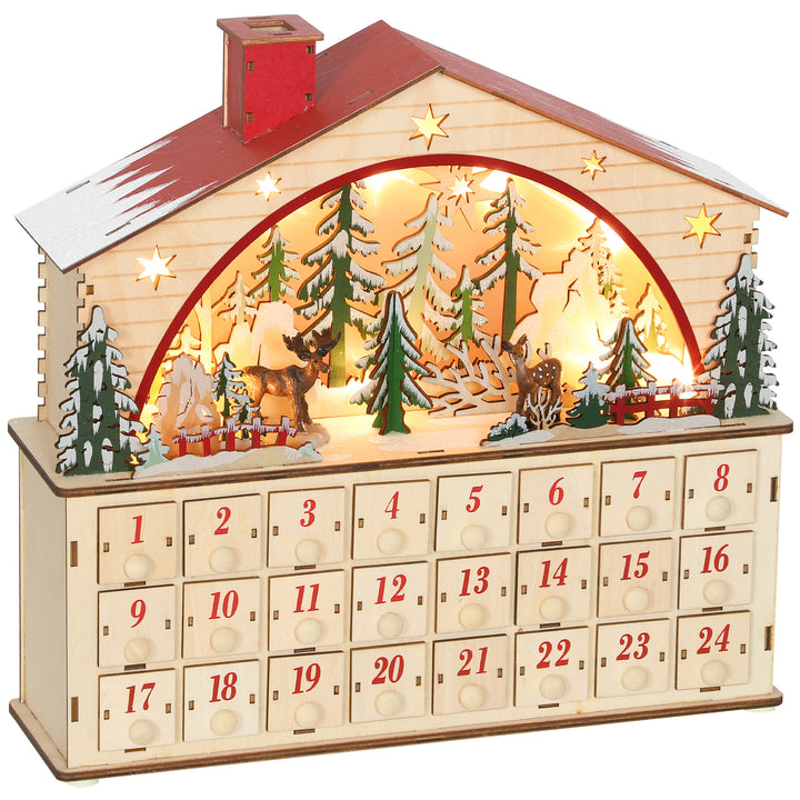 Calendário do Advento em Madeira com Luzes LED e 24 Gavetas Calendário do Advento de Natal com Cena de Vila Decoração Natalícia 36x10x34 cm Madeira e Vermelho