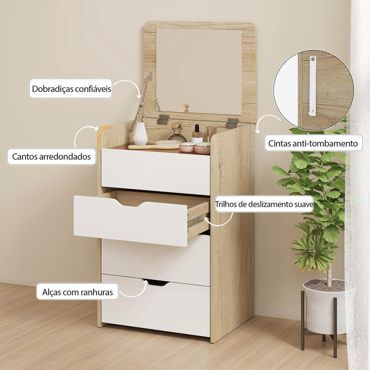 Toucador de Maquilhagem 3 em 1 com Espelho Rebatível e Banco Oculto Mesa de Maquilhagem de Vidro Visível com 3 Gavetas e Banco Acolchoado para Espaços Reduzidos Vestidor, Carvalho e Branco