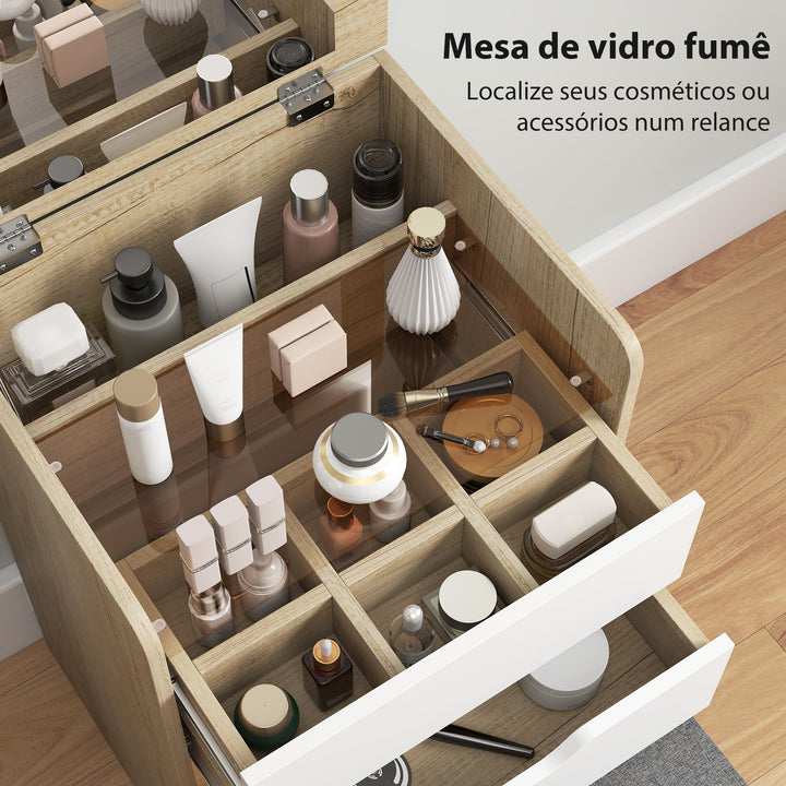 Toucador de Maquilhagem 3 em 1 com Espelho Rebatível e Banco Oculto Mesa de Maquilhagem de Vidro Visível com 3 Gavetas e Banco Acolchoado para Espaços Reduzidos Vestidor, Carvalho e Branco