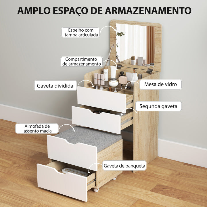 Toucador de Maquilhagem 3 em 1 com Espelho Rebatível e Banco Oculto Mesa de Maquilhagem de Vidro Visível com 3 Gavetas e Banco Acolchoado para Espaços Reduzidos Vestidor, Carvalho e Branco