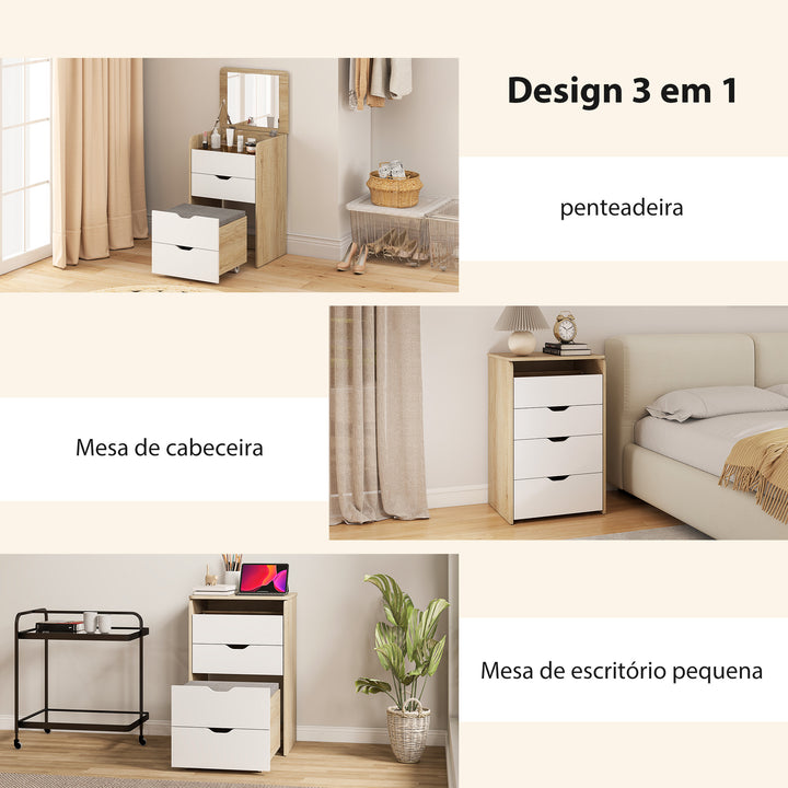 Toucador de Maquilhagem 3 em 1 com Espelho Rebatível e Banco Oculto Mesa de Maquilhagem de Vidro Visível com 3 Gavetas e Banco Acolchoado para Espaços Reduzidos Vestidor, Carvalho e Branco