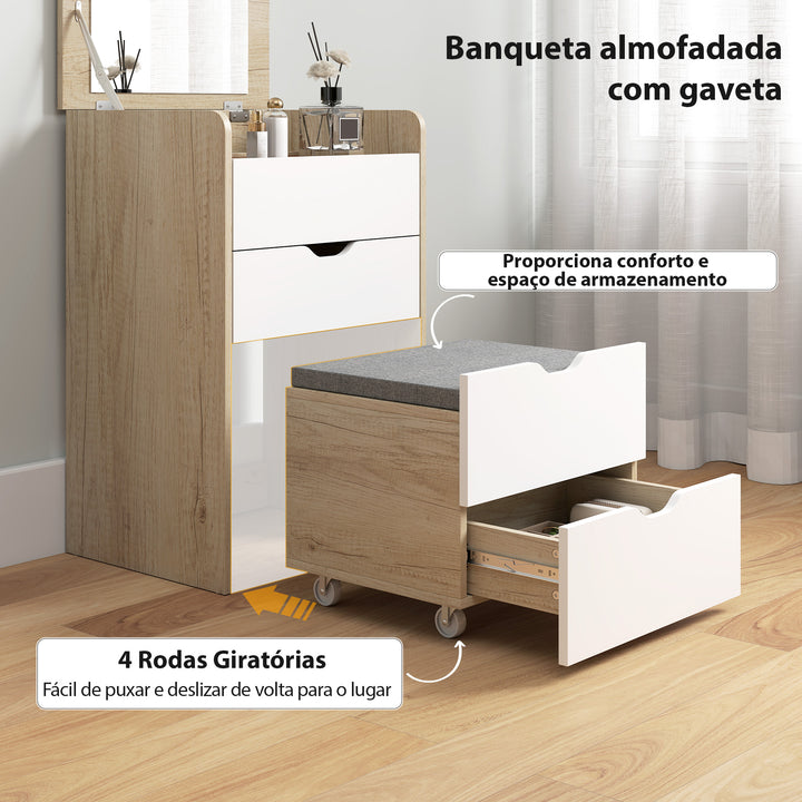Toucador de Maquilhagem 3 em 1 com Espelho Rebatível e Banco Oculto Mesa de Maquilhagem de Vidro Visível com 3 Gavetas e Banco Acolchoado para Espaços Reduzidos Vestidor, Carvalho e Branco