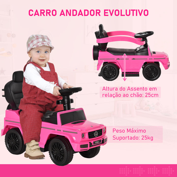 Carro de Passeio Carro Andador para Crianças acima de 12 Meses Mercedes G350 com Buzina Capô Removível Encosto e Suporte de Proteção 85,5x40,5x95 cm Rosa