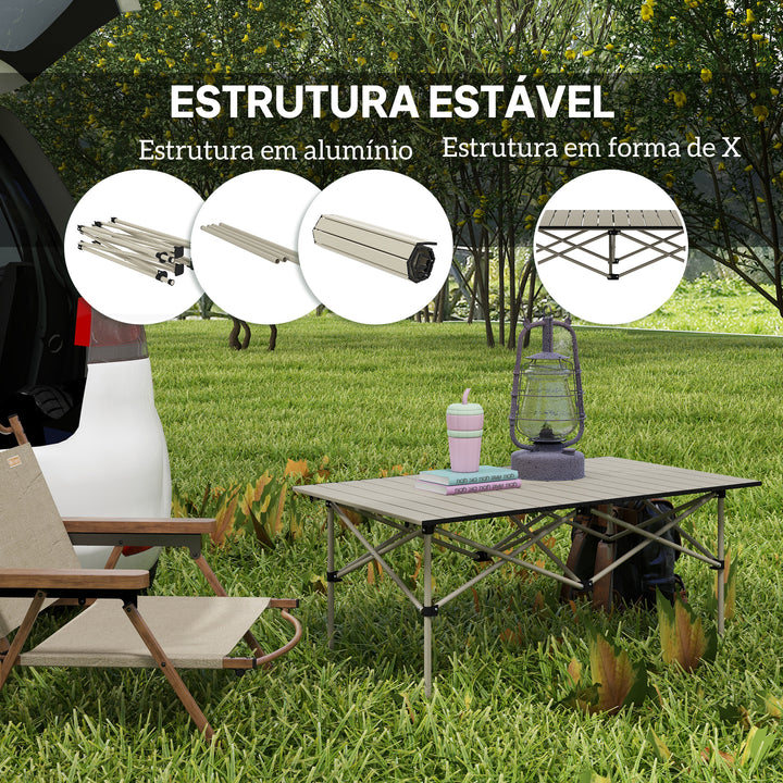 Mesa de Campismo Dobrável de Metal com Tampo Enrolável e Bolsa de Transporte Mesa de Piquenique Portátil para Campismo Trekking Praia e Barbecue 95x55x50 cm Marrom Claro