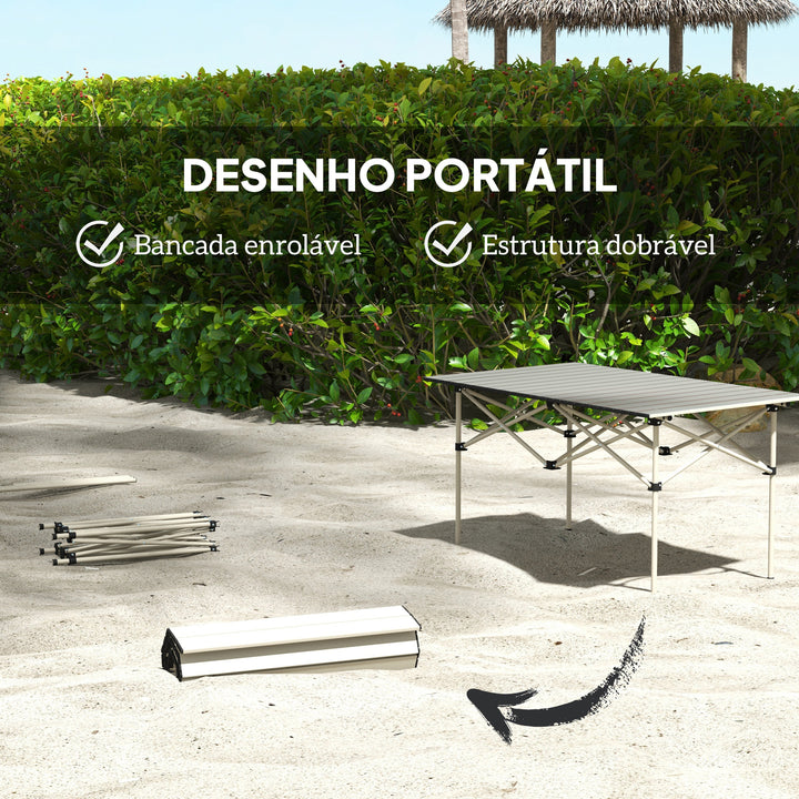 Mesa de Campismo Dobrável de Metal com Tampo Enrolável e Bolsa de Transporte Mesa de Piquenique Portátil para Campismo Trekking Praia e Barbecue 95x55x50 cm Marrom Claro