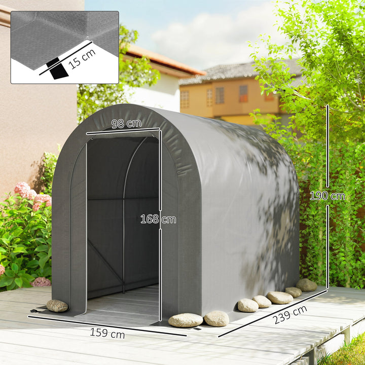 Tenda de Jardim Exterior para Ferramentas Bicicletas 2,4x1,6x1,9 m Abrigo Exterior com Estrutura em Aço Porta Enrolável com Fecho Impermeável Garagem Portátil Cinzento Claro