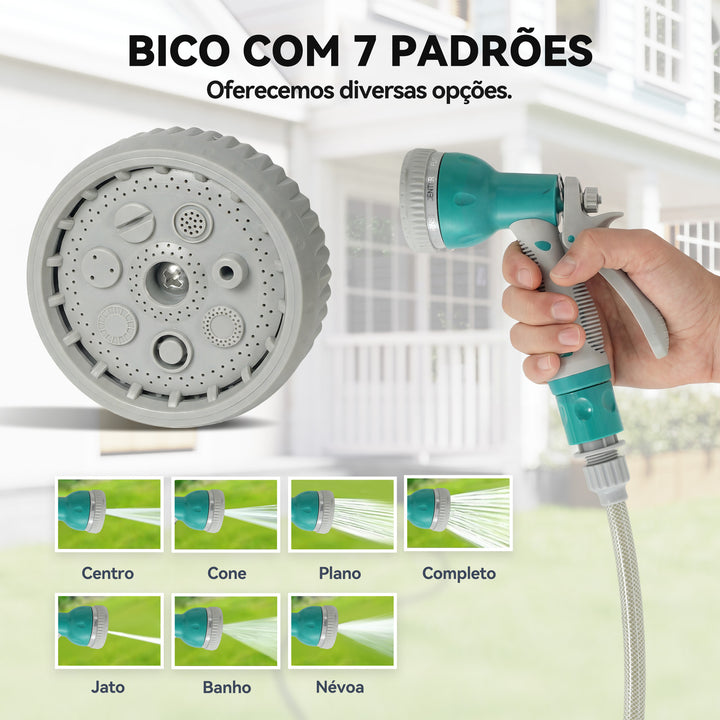 Enrolador de Mangueira para Jardim 10+1 m com Bico de 7 Funções, Enrolador de Mangueira de Parede Giratório 180°, com Enrolamento Automático, Cinzento Claro e Verde