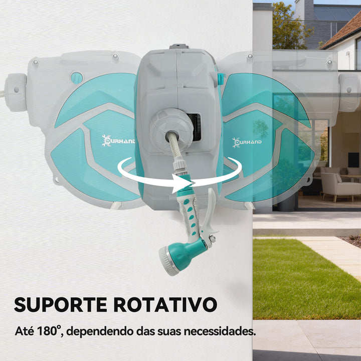 Enrolador de Mangueira para Jardim 10+1 m com Bico de 7 Funções, Enrolador de Mangueira de Parede Giratório 180°, com Enrolamento Automático, Cinzento Claro e Verde