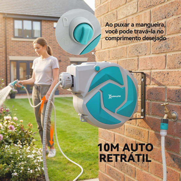 Enrolador de Mangueira para Jardim 10+1 m com Bico de 7 Funções, Enrolador de Mangueira de Parede Giratório 180°, com Enrolamento Automático, Cinzento Claro e Verde