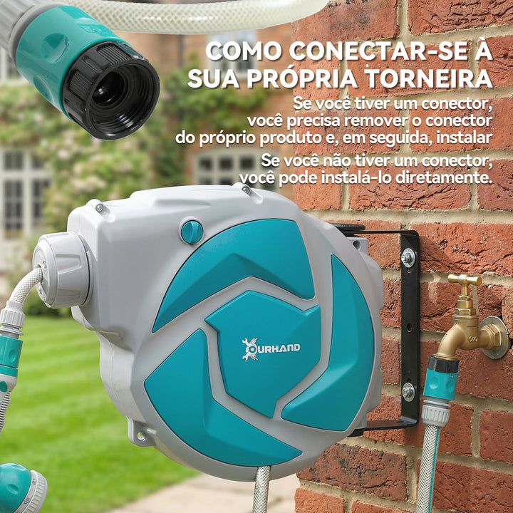 Enrolador de Mangueira para Jardim 10+1 m com Bico de 7 Funções, Enrolador de Mangueira de Parede Giratório 180°, com Enrolamento Automático, Cinzento Claro e Verde