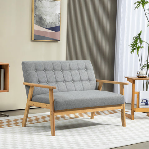 Sofá 2 Lugares Sofá Estofado em Linho com Apoio para os Braços de Madeira Encosto Acolchoado Carga 250 kg Poltrona para Sala de Estar Dormitório 114x75x76 cm Cinza Claro