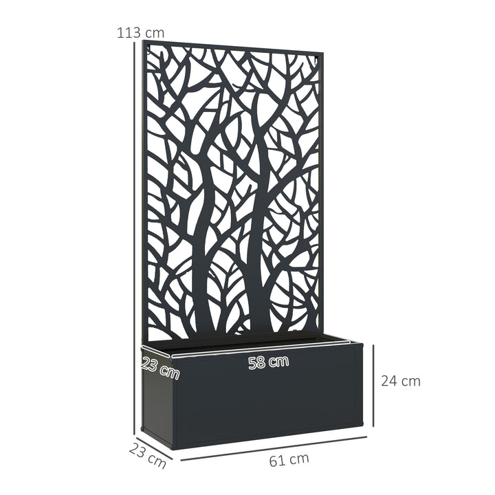 Floreira de Exterior Floreira de Metal com Ecrã de Privacidade com Ramos Decorativos Floreira de Parede ou Independente para Pátio Varanda 61x23x113 cm Preto