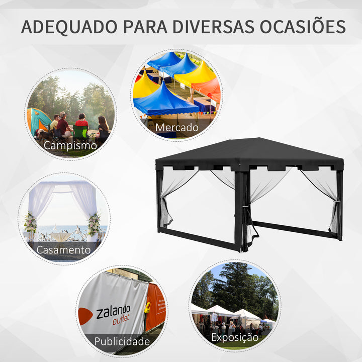 Tenda de Jardim 4x3 m Tenda Dobrável de Exterior com 4 Mosqueteiras Laterais 2 Portas com Fecho de Correr e 8 Orifícios de Drenagem para Pátio Praia Cinza