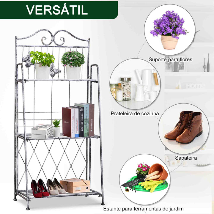 Suporte para Plantas Dobrável Suporte para Vasos de Plantas de 3 Níveis com Estrutura de Metal Suporte para Flores de Metal para Interior e Exterior 44x25x96 cm Prata