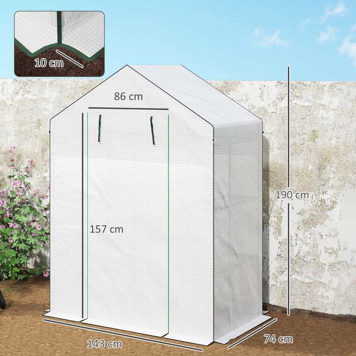 Estufa de Jardim Pequena de 3 Níveis com 6 Prateleiras Porta Enrolável Capa de PE e Estrutura de Aço para Cultivo de Plantas e Flores 143x74x190 cm Branco