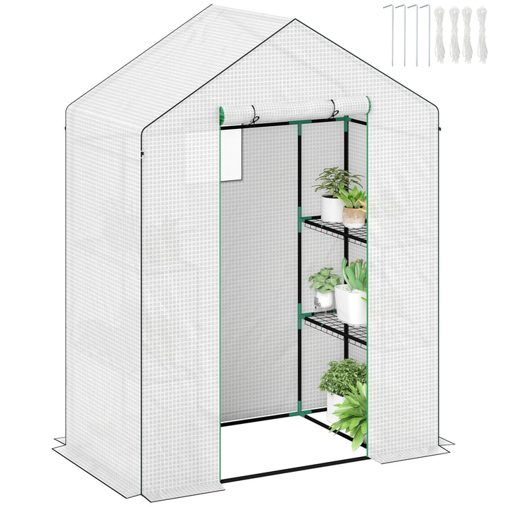 Estufa de Jardim Pequena de 3 Níveis com 6 Prateleiras Porta Enrolável Capa de PE e Estrutura de Aço para Cultivo de Plantas e Flores 143x74x190 cm Branco