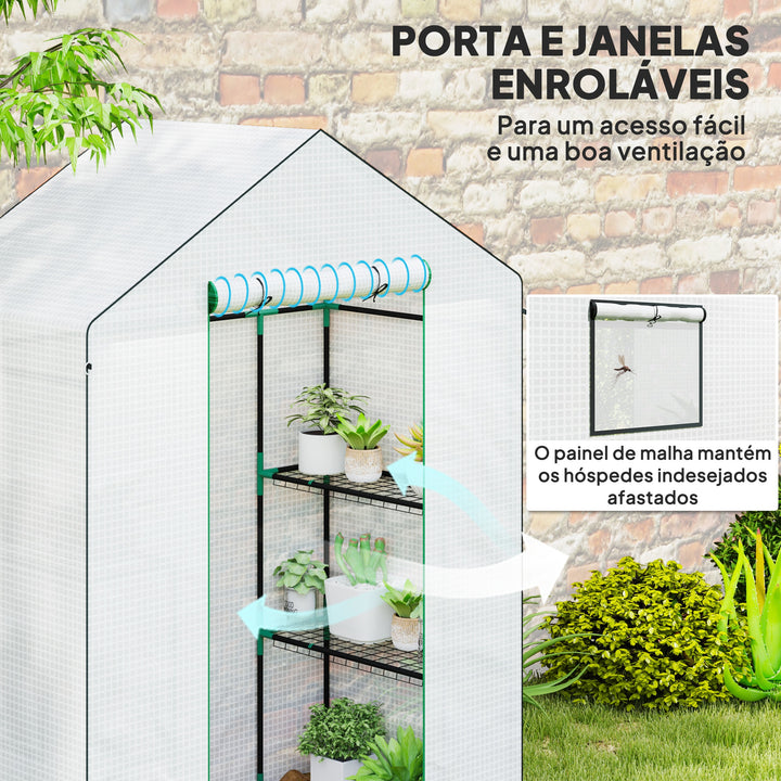 Estufa de Jardim Pequena de 3 Níveis com 6 Prateleiras Porta Enrolável Capa de PE e Estrutura de Aço para Cultivo de Plantas e Flores 143x74x190 cm Branco