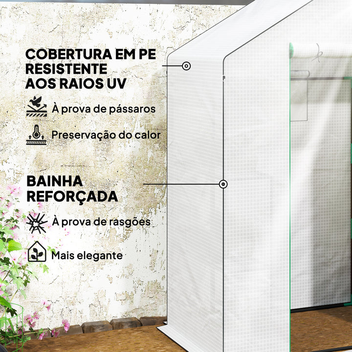 Estufa de Jardim Pequena de 3 Níveis com 6 Prateleiras Porta Enrolável Capa de PE e Estrutura de Aço para Cultivo de Plantas e Flores 143x74x190 cm Branco