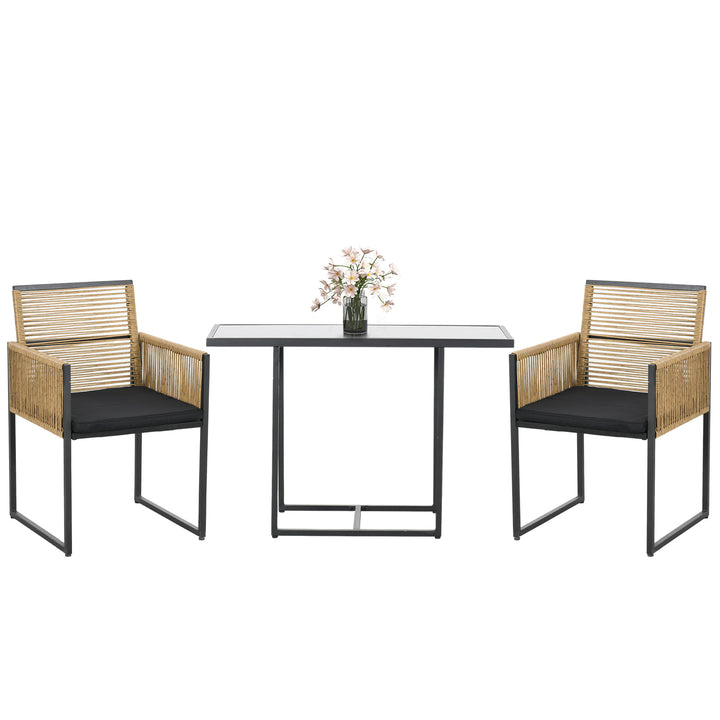 Conjunto de Mesa e Cadeiras de Jardim Conjunto de 3 Peças com 2 Cadeiras com Encosto Dobrável e Almofadas e Mesa de Vidro para Terraço Pátio Natural e Preto