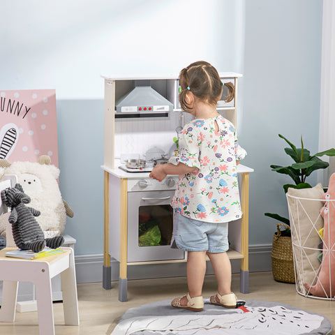 Cozinha Infantil de Madeira Cozinha para Crianças acima de 3 Anos com Altura Ajustável Luz Sons Lavatório Fogão Forno 60x30,5x93,2cm Branco e Cinza