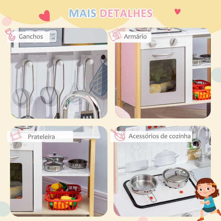 Cozinha Infantil de Madeira Cozinha para Crianças acima de 3 Anos com Altura Ajustável Luz Sons Lavatório Fogão Forno 60x30,5x93,2cm Branco e Cinza