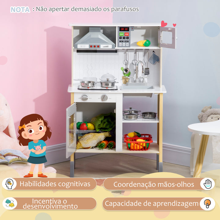 Cozinha Infantil de Madeira Cozinha para Crianças acima de 3 Anos com Altura Ajustável Luz Sons Lavatório Fogão Forno 60x30,5x93,2cm Branco e Cinza