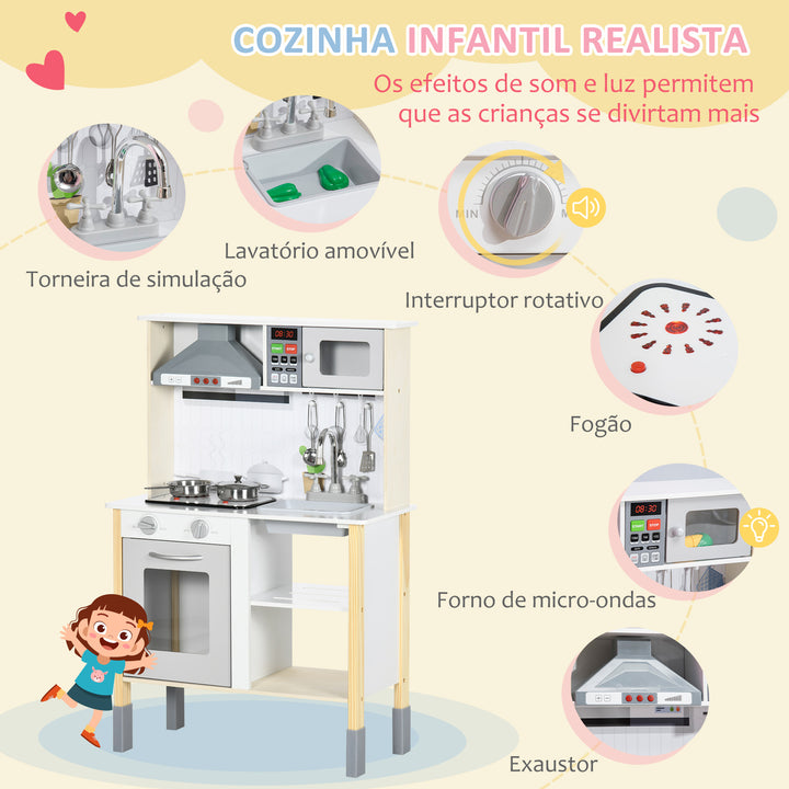 Cozinha Infantil de Madeira Cozinha para Crianças acima de 3 Anos com Altura Ajustável Luz Sons Lavatório Fogão Forno 60x30,5x93,2cm Branco e Cinza