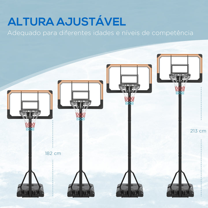 Tabela de Basquetebol de Exterior com Altura Ajustável 235-264 cm Tabela de Basquetebol com Suporte para Bola Rodas e Base Recarregável Preto