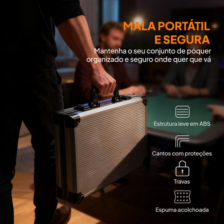 Mala de Póquer com 400 Fichas 2 Baralhos 5 Dados Tapete e Botão Dealer 39,5x28x8 cm Cinza