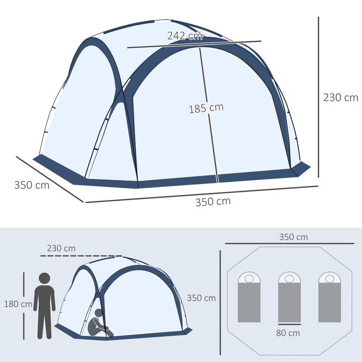 Tenda de Campismo para 6-8 Pessoas com 4 Telas Mosquiteiras 2 Painéis de Tecido Oxford e Bolsa de Transporte para Campismo Viagens 350x350x230cm Branco e Azul