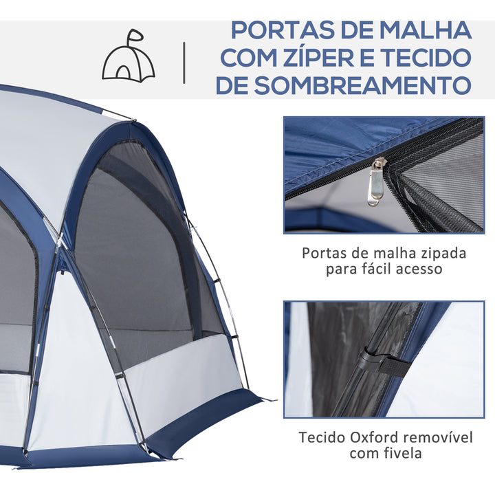 Tenda de Campismo para 6-8 Pessoas com 4 Telas Mosquiteiras 2 Painéis de Tecido Oxford e Bolsa de Transporte para Campismo Viagens 350x350x230cm Branco e Azul