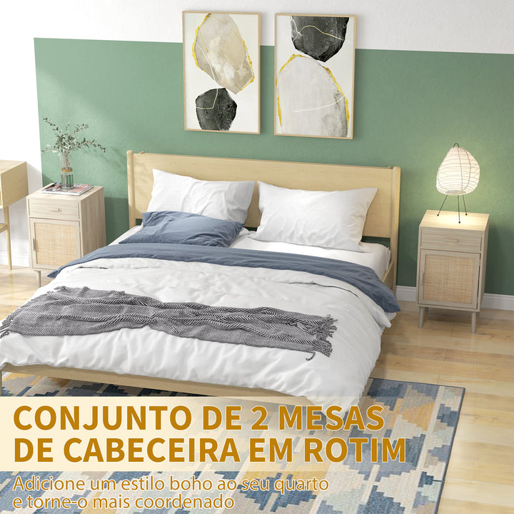 Conjunto de 2 Mesas de Cabeceira Mesas Auxiliares com Gaveta de Vime e Prateleira Ajustável para Quarto Sala 40x40x68,5 cm Carvalho