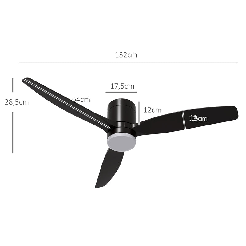 Ventoinha de Teto com Luz 46W Ventoinha de Teto Silencioso Ø132 cm com 3 Lâminas Reversíveis Controlo Remoto 6 Velocidades e Temporizador para Quarto Sala Preto