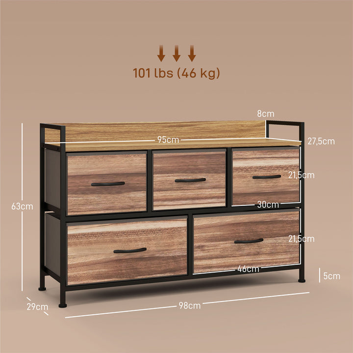 Cómoda com 5 Gavetas de Tecido Cómoda de Estilo Industrial com Estrutura Metálica para Sala de Estar Entrada Quarto 98x29x63 cm Carvalho