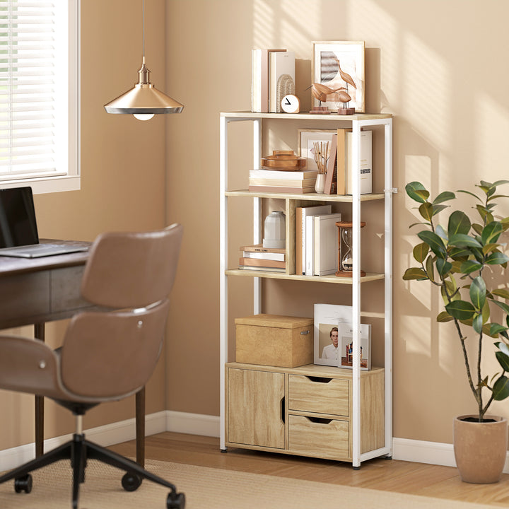 Estante para Livros com Armário e 2 Gavetas de Armazenamento Estante Decorativa Escritório Sala de Estar 58x24x122 cm Madeira e Branco