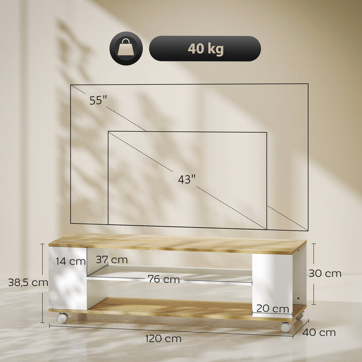 Móvel para TV com Rodas Armário para TV Flutuante com 2 Portas e 2 Prateleiras de Armazenamento para Televisores de até 55 Polegadas para Dormitório 120x40x38,5cm Branco e Madeira