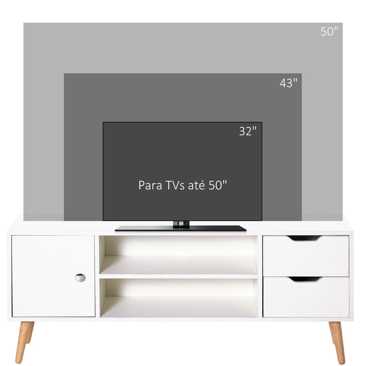 Armário de TV Grande armazenamento com armário prateleiras e gavetas abertas Carga 30 kg 120x28x44 cm Branco