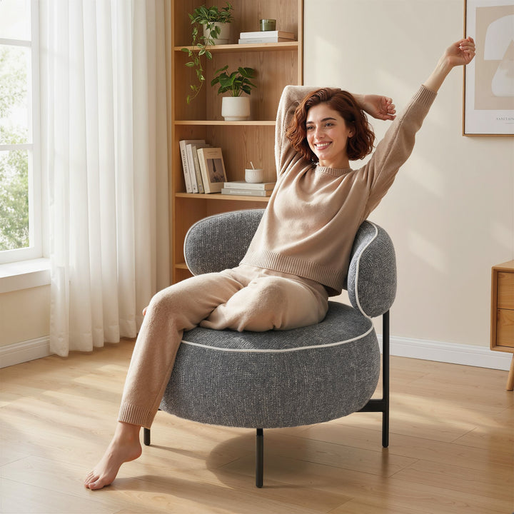 Poltrona de Sala com Assento Rotativo Poltrona de Sala Revestida em Tecido Linho com Assento Amplo Acolchoado Espesso Pés de Metal para Quarto Leitura Cinzento Escuro