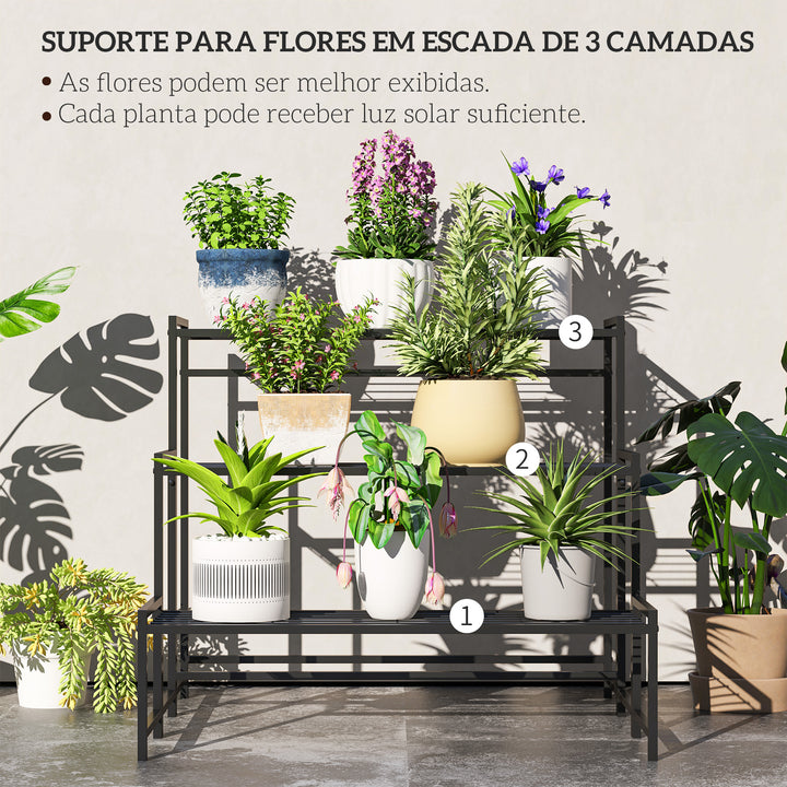 Suporte para Plantas de 3 Níveis Estante para Plantas de Canto com Design em Escada para Interior e Exterior 75x70x66 cm Preto