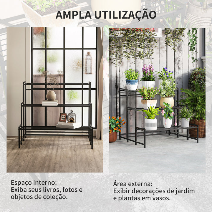 Suporte para Plantas de 3 Níveis Estante para Plantas de Canto com Design em Escada para Interior e Exterior 75x70x66 cm Preto