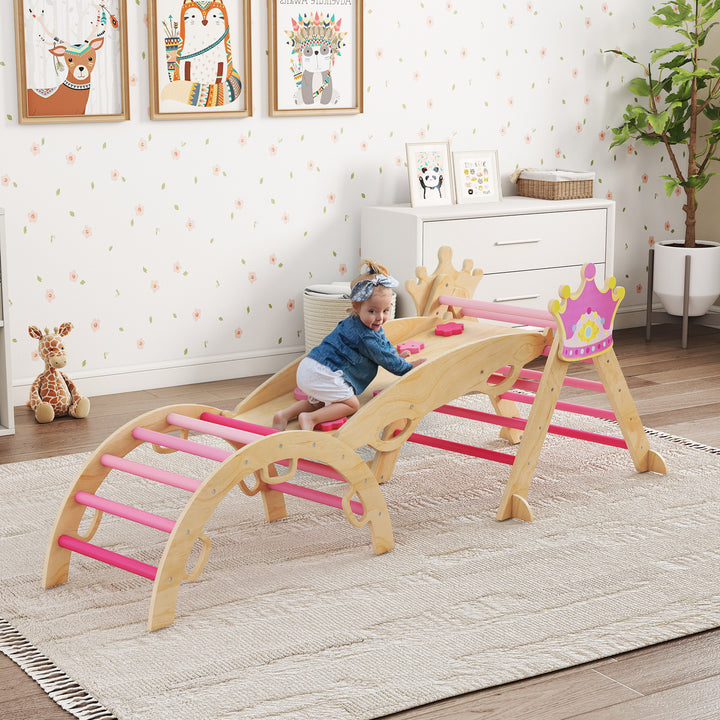 Conjunto de Escalada em Madeira Estrutura Montessori de Escalada Tema de Coroa com Arco e Rampa para Deslizar ou Escalar para Crianças de 18-48 Meses Interior Rosa