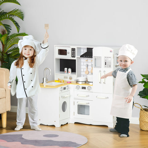 Cozinha Infantil de Madeira para Crianças acima de 3 Anos com Sons 14 Acessórios Cozinha Infantil com Telefone Lavatório Microondas e Grifo 82x65x87cm Branco