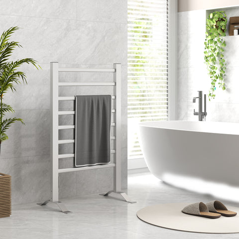 Toalheiro Elétrico de Parede ou Solo 150 W Aquecedor de Toalhas de Liga de Alumínio com Função de Temporizador e 8 Barras para Casa de Banho 53x35x90 cm Prata